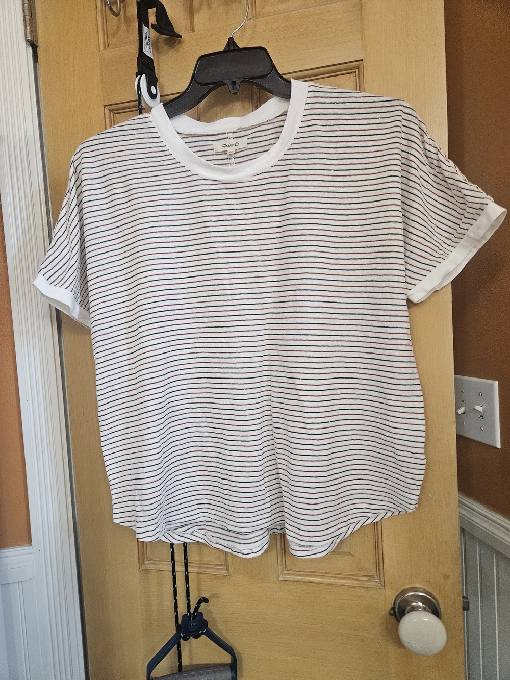 Madewell White Short-Sleeve Crewneck Tee with Black And Red Pinstripes